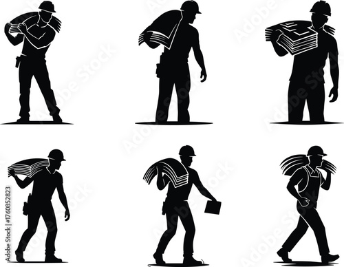 Construction workers silhouettes carrying drywall sheets, hard hats, teamwork, heavy lifting, building site labor, flat vector design