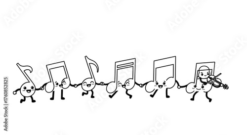 Cartoon musical notes joyfully parade hand in hand creating a lively rhythmic spectacle