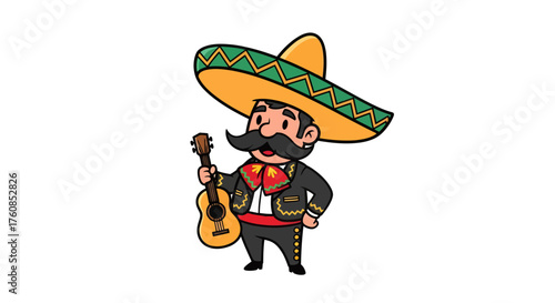 Cartoon mariachi character with guitar, sombrero and mustache for festive celebrations