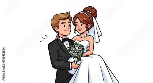 Cartoon newlywed couple in a romantic pose sharing their happiness and joy on their wedding day