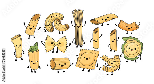 Cartoon Pasta Character Collection: Illustrating Fun Culinary Ingredients with joyful expressions