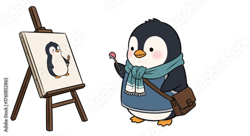 Cartoon penguin artist creating a self-portrait on a canvas with an easel and a lollipop