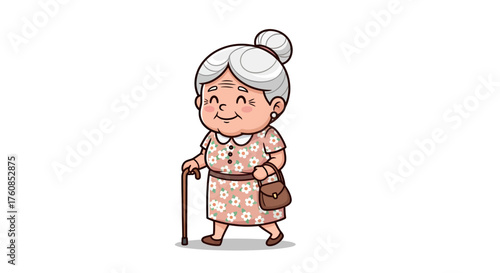 Cartoon senior woman with floral dress and handbag walking with a cane illustration