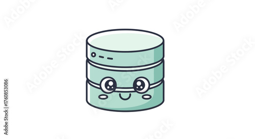 Cartoonish rendition of a stylized data storage server, featuring expressive eyes and a subtle smile