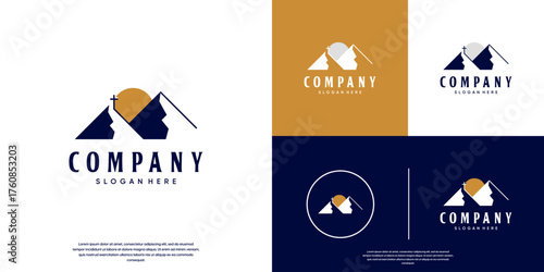mountain and cross logo with an evening atmosphere, sunset, minimalist style, graphic design illustration.