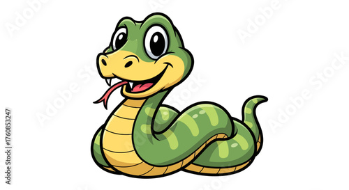 Charming Cartoon Snake Illustration with Playful Expression on a White Background
