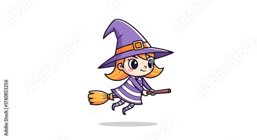 Charming Cartoon Witch Flying on Broomstick Illustration with a whimsical appeal
