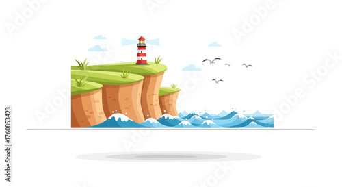 Coastal serenity: Red and white lighthouse stands tall atop rugged cliffs by a boundless ocean