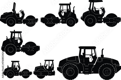 Road roller silhouette set, construction machinery, soil compactor, asphalt equipment, heavy industrial vehicles, flat vector illustration