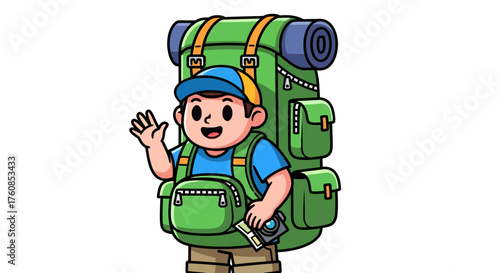 Cheerful young backpacker ready for outdoor adventures and explorations with green gear