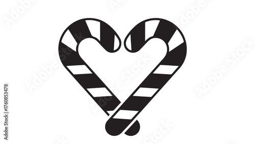 Candy cane heart silhouette with stripe gaps, sweet black holiday icon for love notes, party stickers, and christmas confection graphics