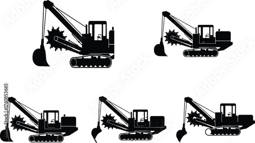 Trencher silhouette set, tracked construction machinery, digging equipment, excavation tools, heavy industrial vehicles, flat vector illustration