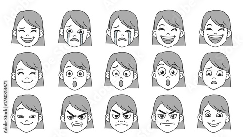 cartoon woman showing many expressions smiling line art vector.eps