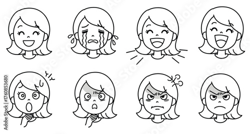 cartoon woman showing many expressions smiling.eps