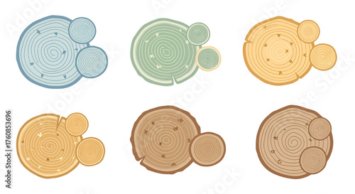 Colorful wooden log slices with concentric circles in pastel hues and varying textures