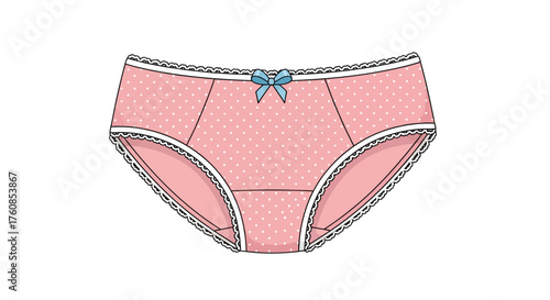 Delicate pink polka dot briefs with lace trim and blue bow illustration on white surface
