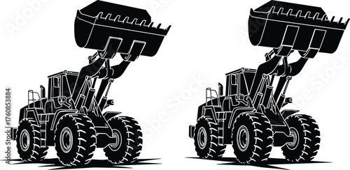 Flat vector heavy construction wheel loaders silhouette, industrial machinery illustration, building equipment, loader vehicle design