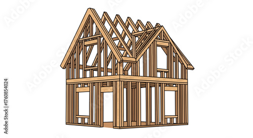 Depiction of a wooden house frame construction in progress ready to put on siding