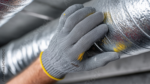 Technician sealing air duct joints with aluminum tape. Close-up of gloved hands applying metallic tape over a duct seam to prevent air leaks. The lighting highlights the shiny surf