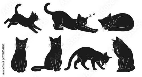 Elegant black cat silhouettes showcasing various poses and expressions in a minimalist style