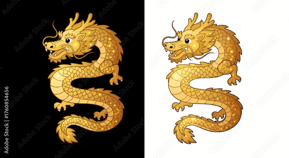 Fototapeta premium Elegant dual portrayal of a gilded asian serpentine dragon emblem on varied backgrounds
