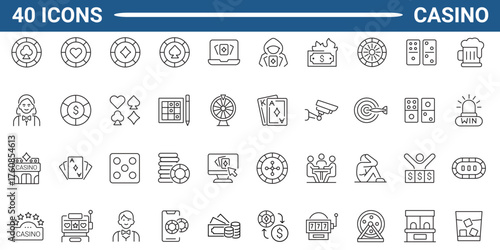 Set of outline icons related to gambling, casino. Linear icon collection. Editable stroke. Vector illustration