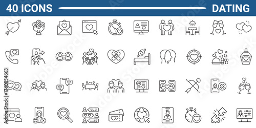 Dating line editable icon set. Containing date, relationship, dating app, romance, speed dating, search love, matchmaking and more. Editable stroke. Vector illustration
