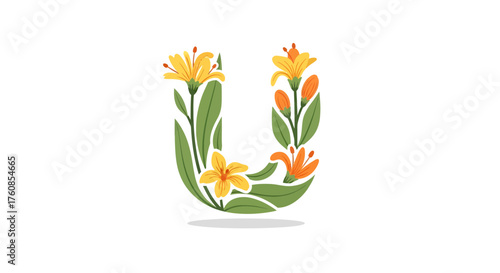 Elegant floral letter U illustration showcasing botanical alphabet design concept idea