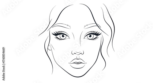 Elegant outline portrait of a young woman with wavy hair and makeup features sketch