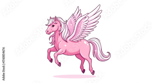 Elegant pink pegasus soars gracefully across a pristine white backdrop displaying angelic wings