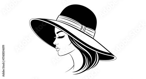 Elegant simplicity, a monochrome illustration of a woman adorned with a stylish sun hat