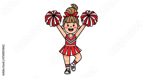 Enthusiastic cheerleader illustration performing with red and white pom-poms in cartoon style