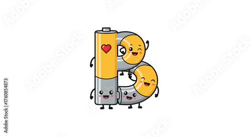 Energetic alphabet illustration, battery forming the letter B with endearing kawaii style