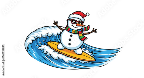 Festive beachfront: Snowman catching a wave in tropical winter vacation illustration