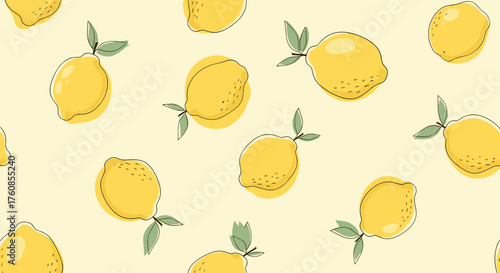 A cheerful pattern of yellow lemons with green leaves on a pale yellow background.