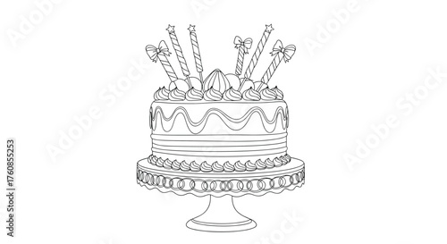 A beautifully decorated multi-tiered cake with decorative frosting elements and candles on top.