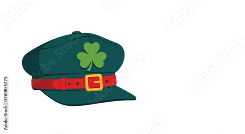 A green cap with a shamrock and a red band and buckle.