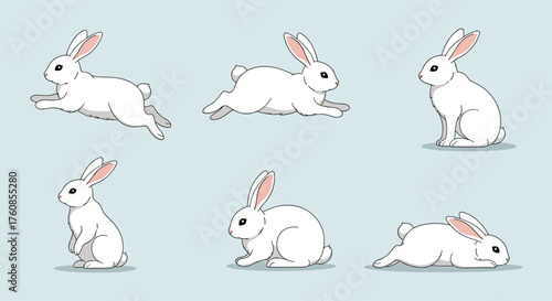 A collection of six cartoon white rabbits in different poses and actions.