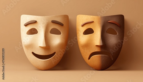 Deceptive Illustrations Exploring Imposter Syndrome, Bipolar Disorder, And False Emotions In Psychology. Masks Depicting Happy And Sad Expressions As A Deceiver.