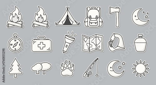 Hand-drawn camping adventure icons illustrating outdoor recreational activities and nature