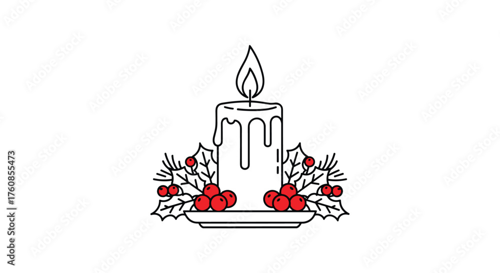 Obraz premium A festive candle with holly berries and mistletoe for holiday decorations.