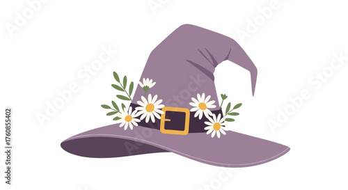 A charming witch hat adorned with delicate daisies and greenery.