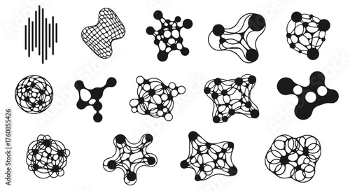 Abstract organic shapes and molecular structures on a white background.