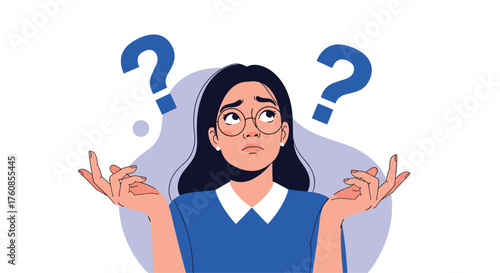 A person looking confused with question marks above her head.