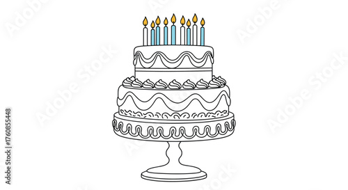 A festive layered cake with bright candles atop a decorative stand.