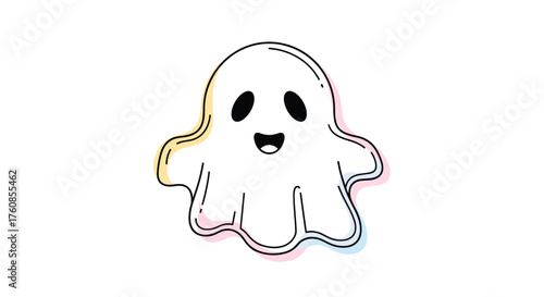 A cute cartoon ghost with colorful outline is smiling happily.
