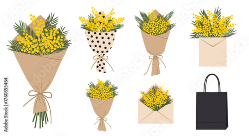 Collection of beautiful yellow mimosa bouquets in kraft paper and envelope packaging.