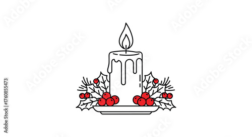A festive candle with holly berries and mistletoe for holiday decorations.