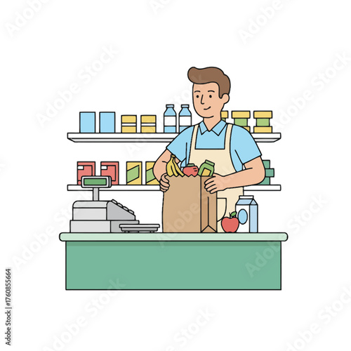 Grocer bags groceries in a paper bag at a checkout counter with a scale and products grocery store cashier