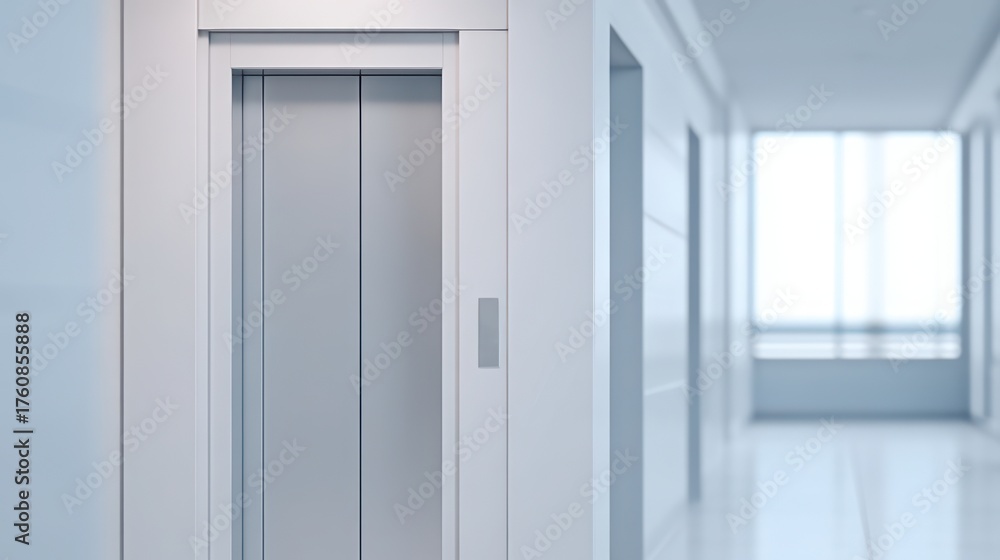 Fototapeta premium Business Healthcare Sector Modern elevator in a sleek, minimalist hallway with large windows and bright lighting.